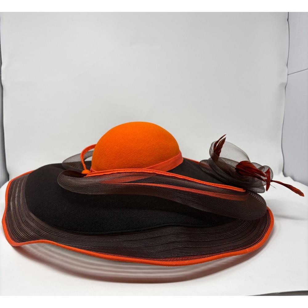 Vintage Bellini New York 100% Wool Felt Derby Church Hat Orange Black Wide Brim - Picture 7 of 13